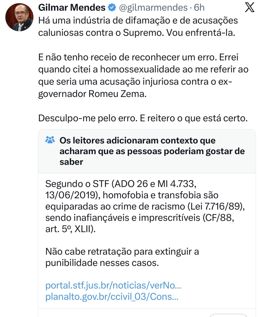 Gilmar Mendes pede desculpas após dizer que Zema se ofenderia se fosse chamado de homossexual 